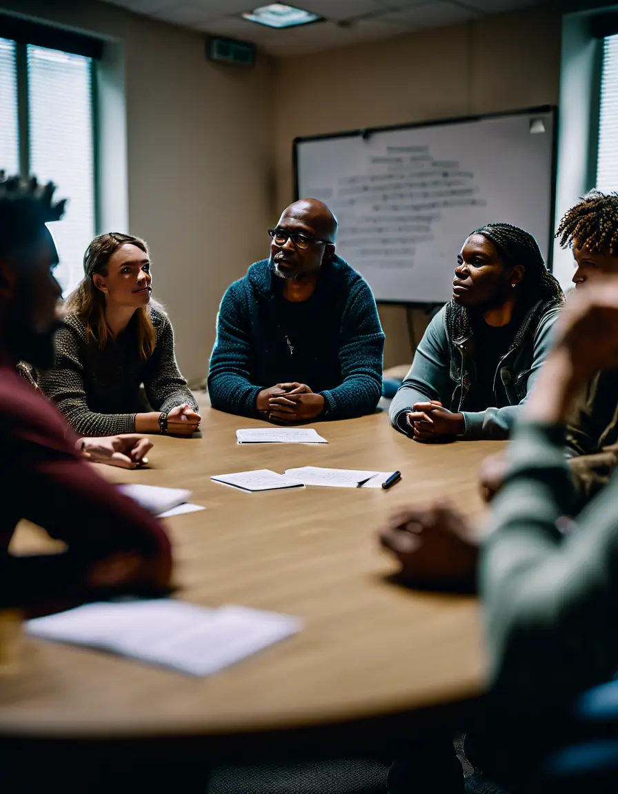 A group of individuals participating in a mental health workshop, engaging in discussion with a facilitator.