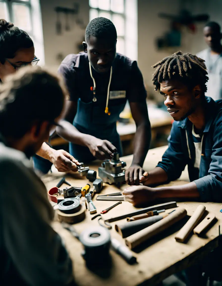 Participants engaged in a vocational training session, showcasing teamwork and learning.