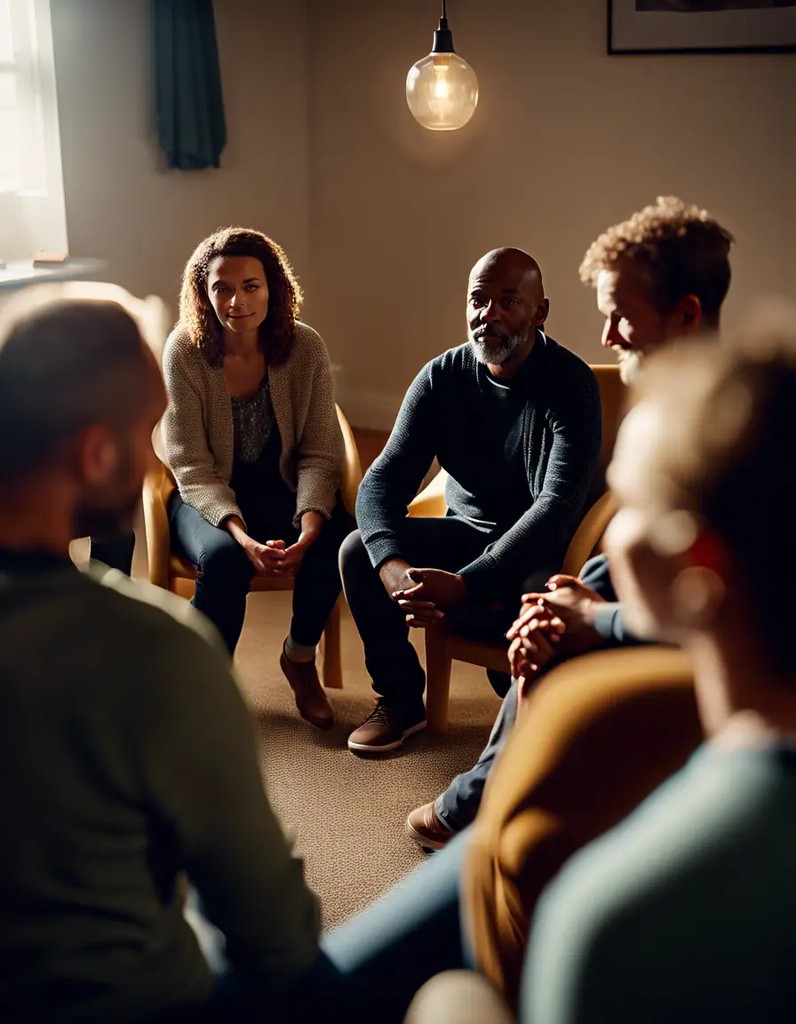 A support group session where individuals are sharing their stories and supporting each other.