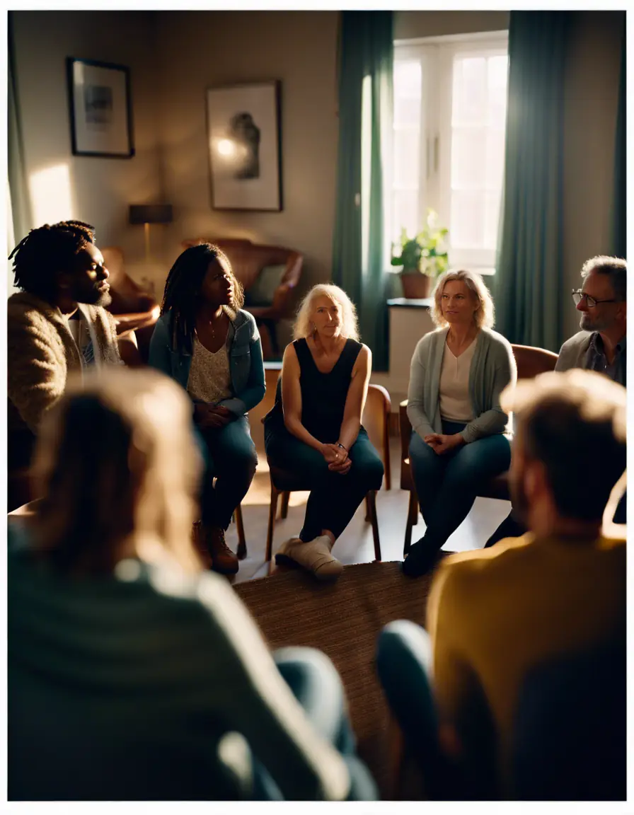 A support group session where individuals are sharing their stories and supporting each other.