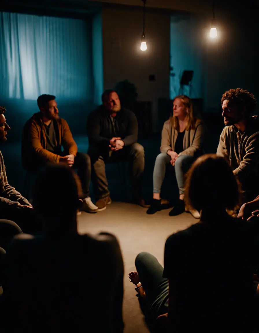 A group of individuals participating in a mental health workshop, sharing and learning together in an intimate setting.